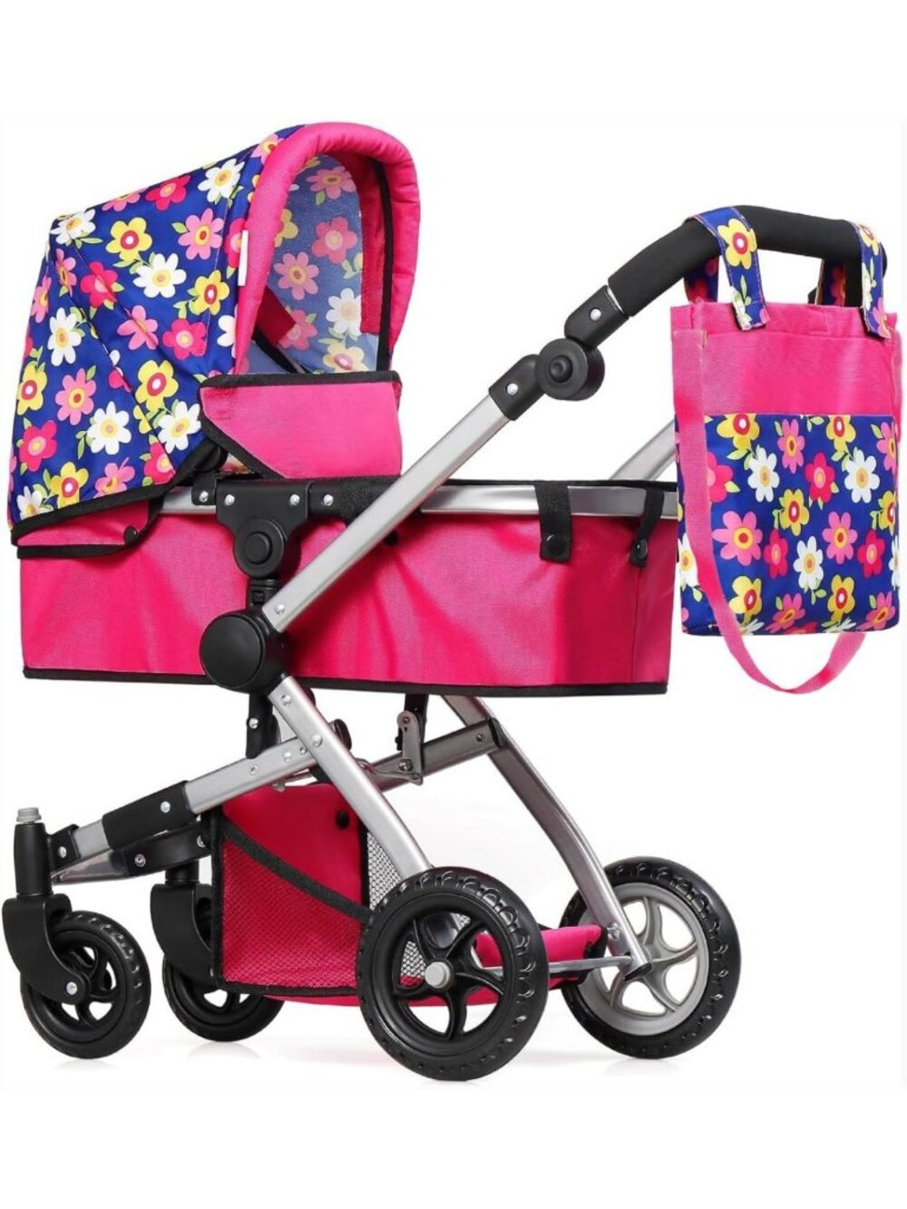 Foldable Baby Doll Stroller with Flower Design, Swiveling Wheels, Adjustable